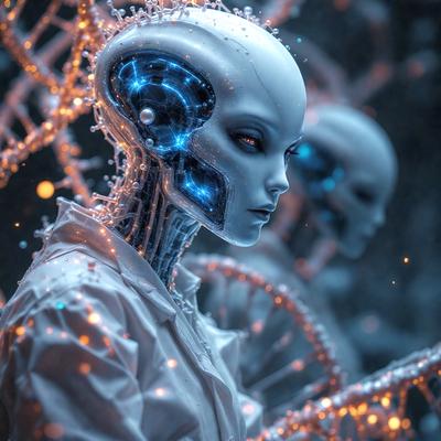 The primary subject of the image is a woman with a futuristic appearance, wearing a white shirt and surrounded by a glowing, blue-lit environment. The setting includes a clock and a bicycle, which adds to the futuristic atmosphere. The visual style of the image is a combination of digital art and illustration, creating a unique and captivating scene. The colors and mood of the image are predominantly blue and futuristic, giving the impression of a futuristic cityscape.